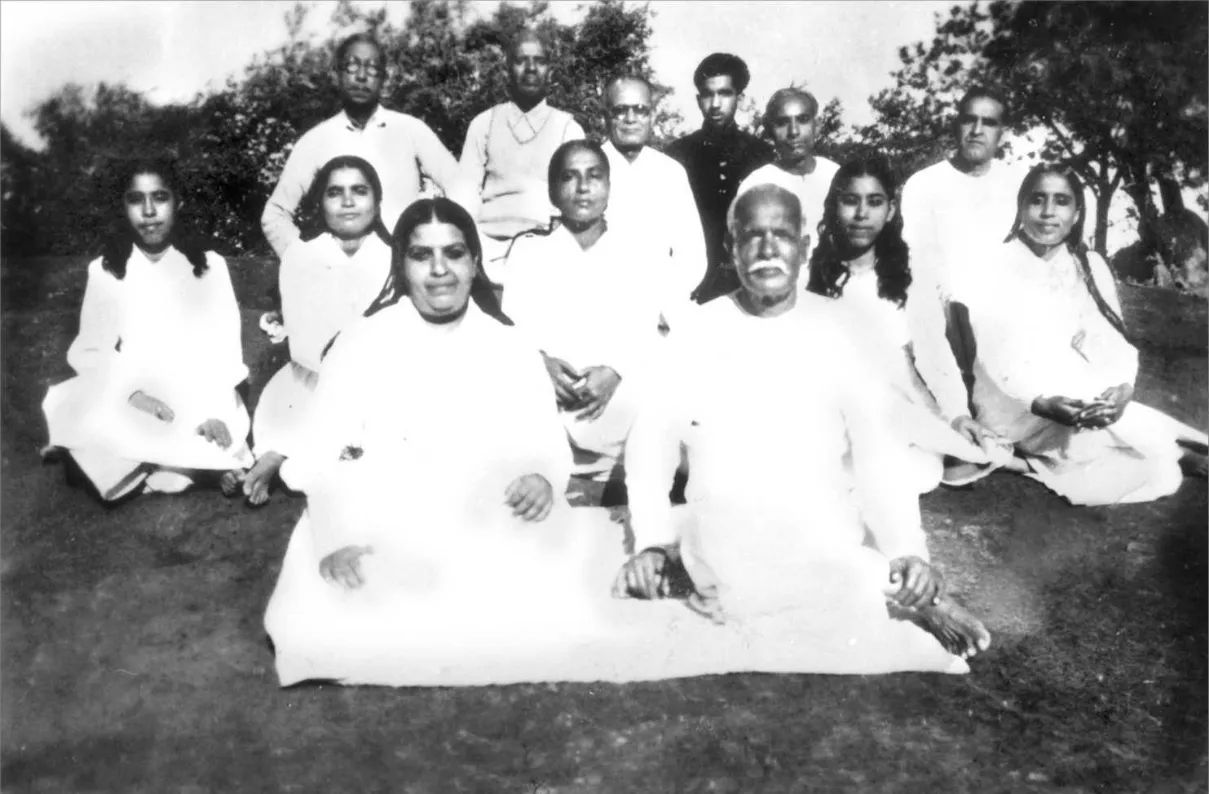 1950s Brahma Baba and Mamma practicing meditation with the others in Mt Abu