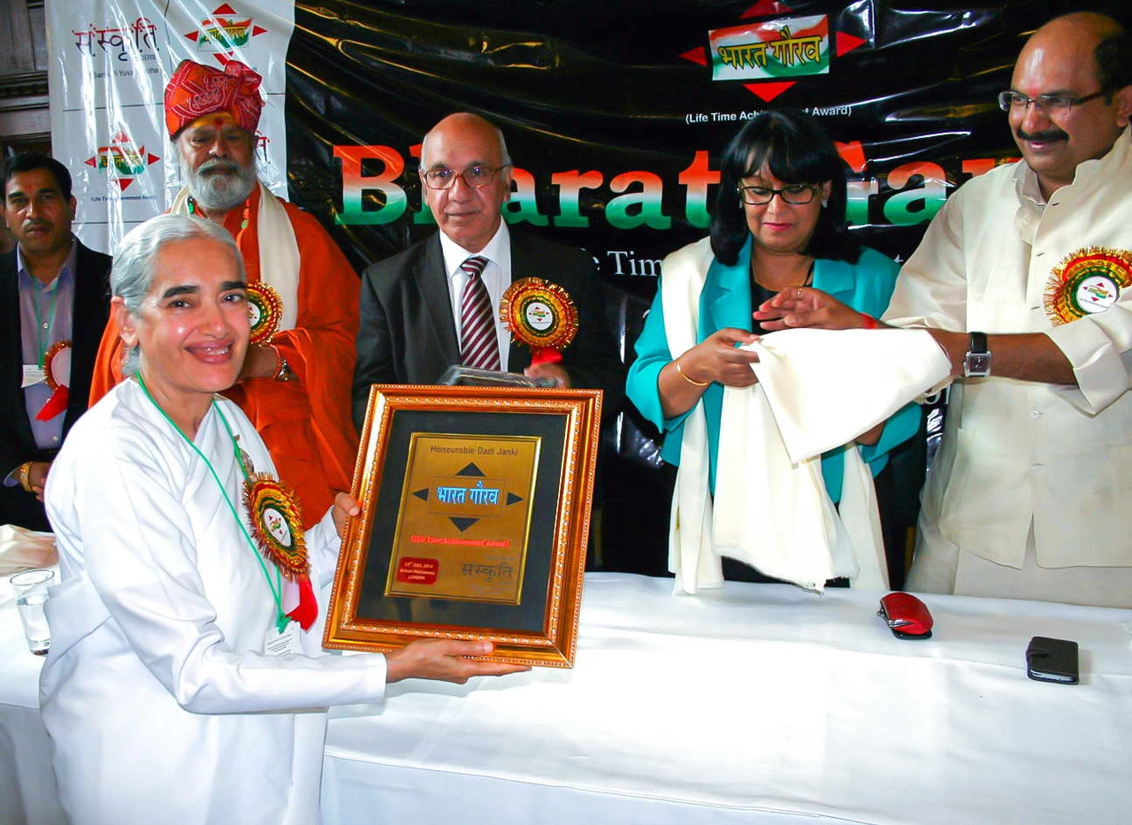 Sister Jayanti Receiving Bharat Gaurav Award on the Behalf of Dadi Janki Ji from Baroness Verma.jpg