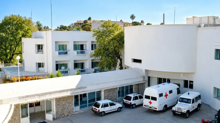 Global Hospital campus with ambulances, Mount Abu