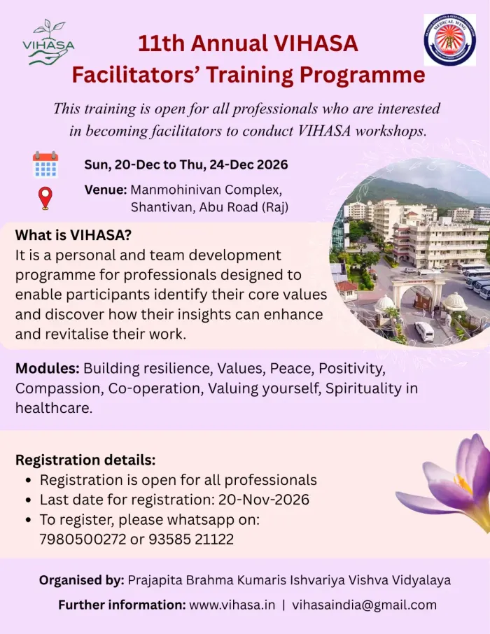 Brahma Kumaris to Organise 11th Annual VIHASA Facilitators’ Training Programme in Abu Road